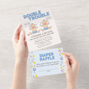 Double Trouble Twin Boys Baby Shower All In One Invitation