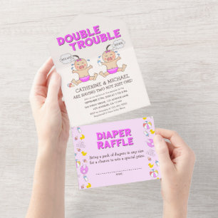 Double Trouble Twin Girls Baby Shower All In One Invitation