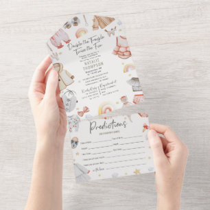 Double Trouble Twin Girls Predictions Baby Shower  All In One Invitation