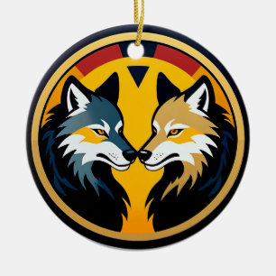 Double Wolf Emblem Logo With Golden Circle Ceramic Ornament