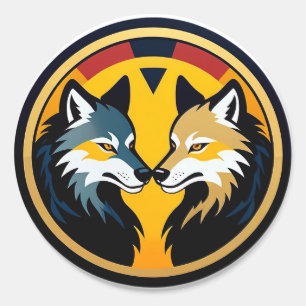Double Wolf Emblem Logo With Golden Circle Classic Round Sticker