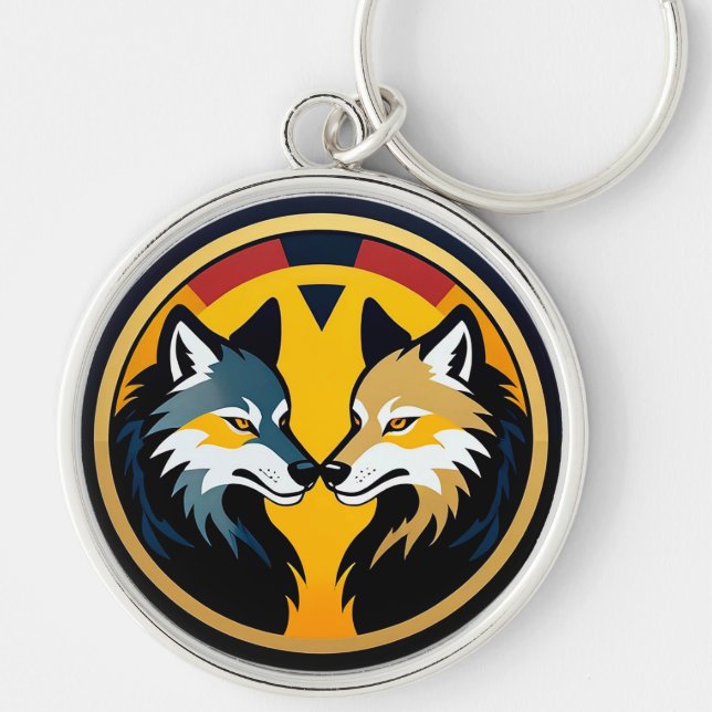 Double Wolf Emblem Logo With Golden Circle Keychain (Front)