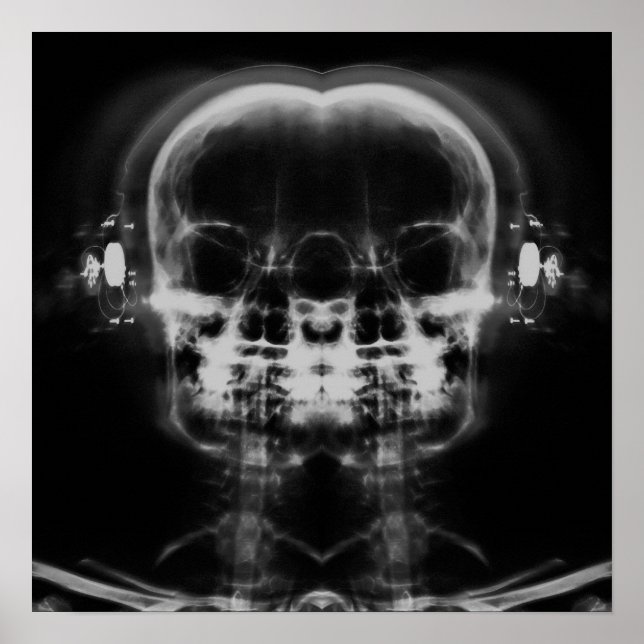Double X-Ray Skulls with Headphones - B&W Poster (Front)