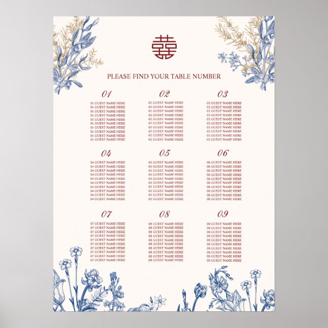 Double Xi Chinese Wedding 9 Table Seating Chart (Front)