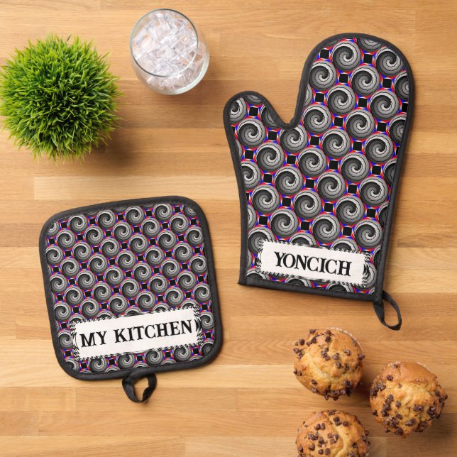 Double Yin Yang Spiral by Kenneth Yoncich Oven Mitt & Pot Holder Set (Top Down)