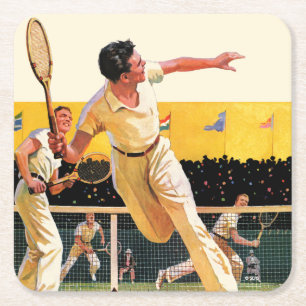 Doubles Tennis Match Square Paper Coaster