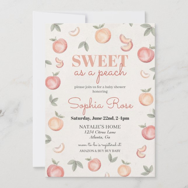 Douce comme un invitation baby shower pêche (Devant)