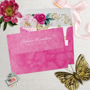 Douce enveloppe florale papillon aquarelle rose vi