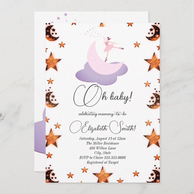 Douce lune de ballerine, invitation baby shower (Devant / Derrière)