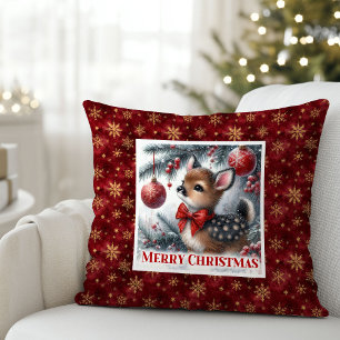 Douce oreiller de Noël bébé faon forêt enneigée 