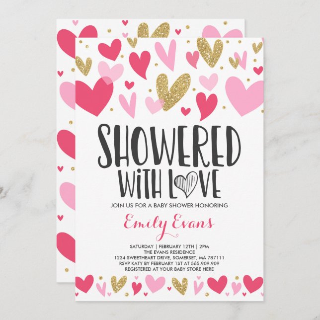 Douche Avec Amour Baby shower Coeurs Invitation (Devant / Derrière)
