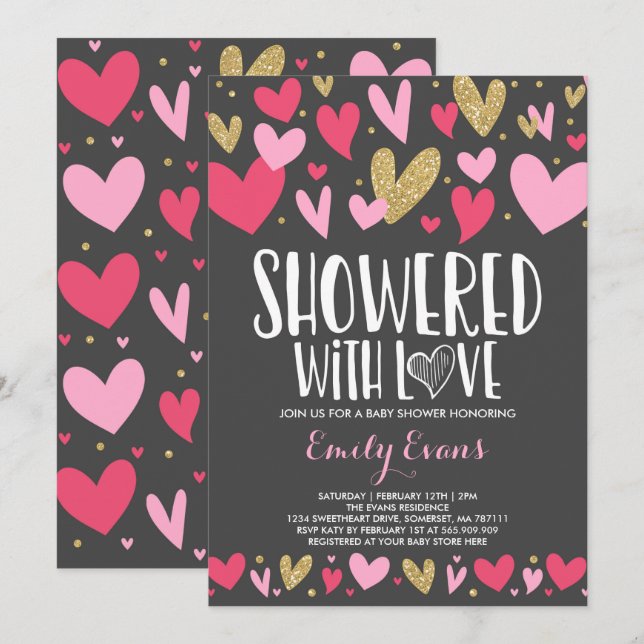 Douche Avec Amour Baby shower Coeurs Invitation (Devant / Derrière)