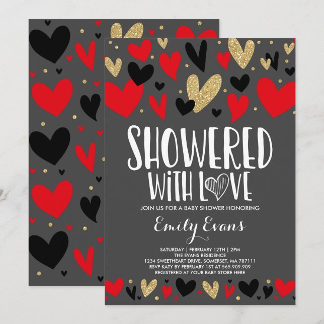 Douche Avec Amour Baby shower Coeurs Invitation (Devant / Derrière)
