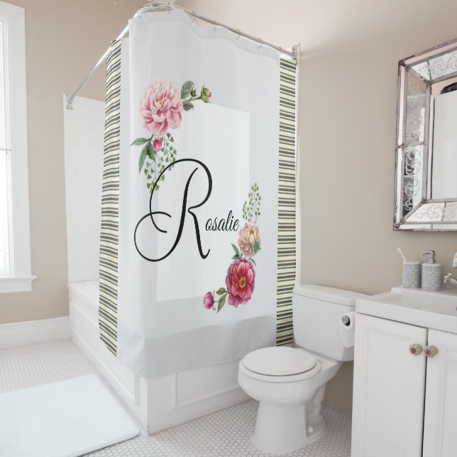 Douche rideau Beige Brown bande florale (En situation)