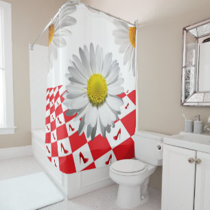 Douche rideau blanc marguerite rouge À damiers tal