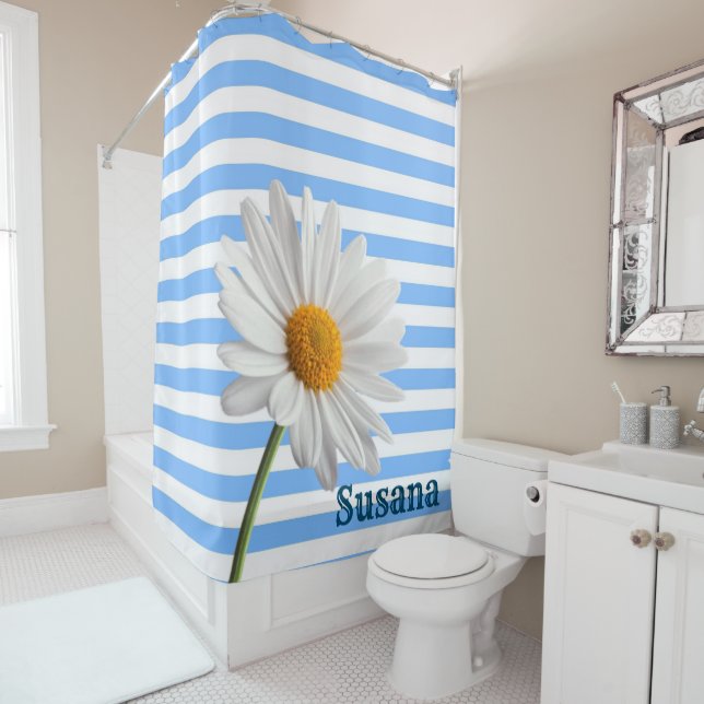 Douche rideau Bleu et blanc bande blanche (En situation)
