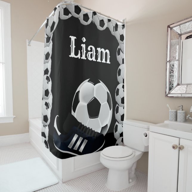 Douche rideau boules de football noir (En situation)