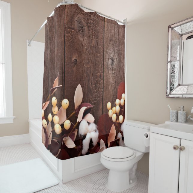 Douche rideau Branche en coton sur pierre en bois  (En situation)