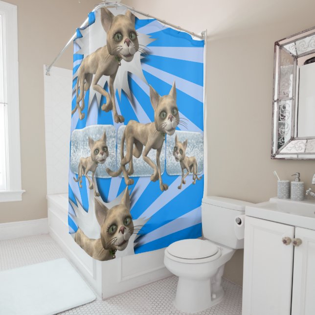 Douche Rideau Chat Kitten Bleu (En situation)