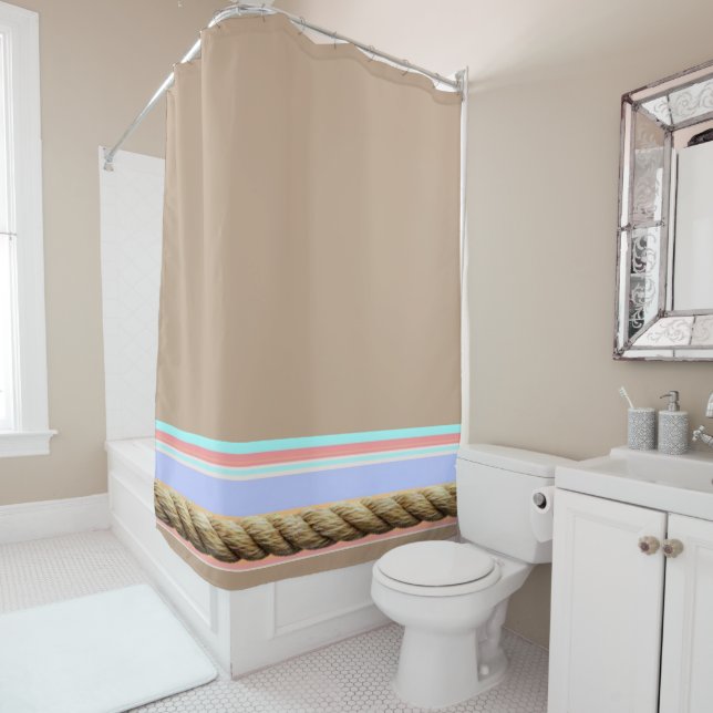Douche rideau corde beige bande (En situation)