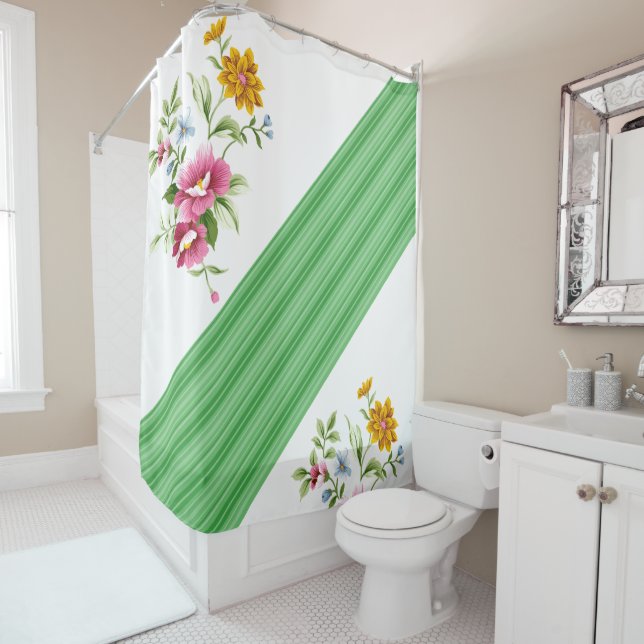 Douche rideau vert bande florale (En situation)