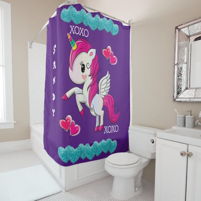 Douche rideau violet licorne bleu Coeurs xoxo (En situation)