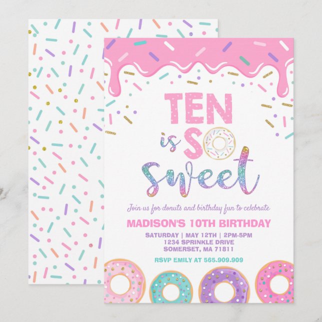 Doughnut 10th Birthday Invite Doughnut Ten Is Swee (Front/Back)