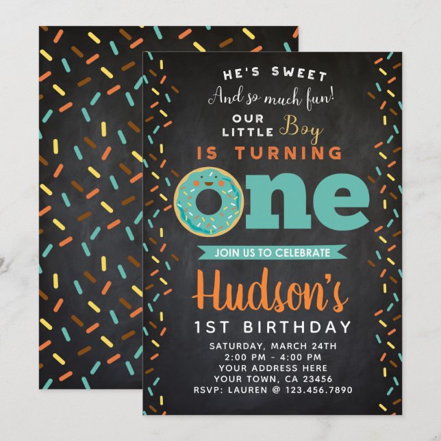 Doughnut 1st Birthday Boys Invitation Chalkboard (Front/Back)