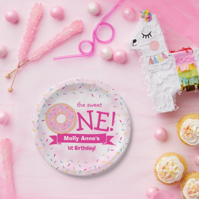 Doughnut 1st Birthday Girl Rainbow Sprinkles Paper Paper Plate (Party)