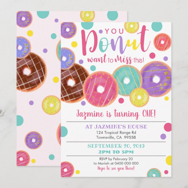 Doughnut 1st Birthday Invitation, Doughnut Miss it Invitation (Front/Back)