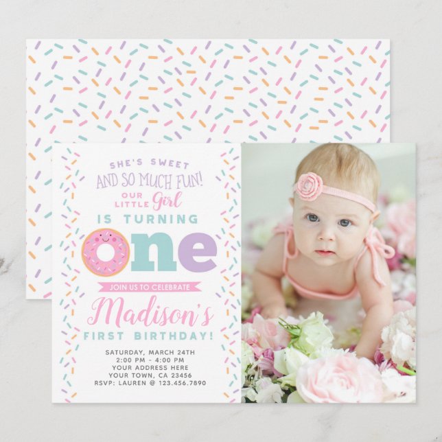 Doughnut 1st Birthday Invitation with Photo (Front/Back)