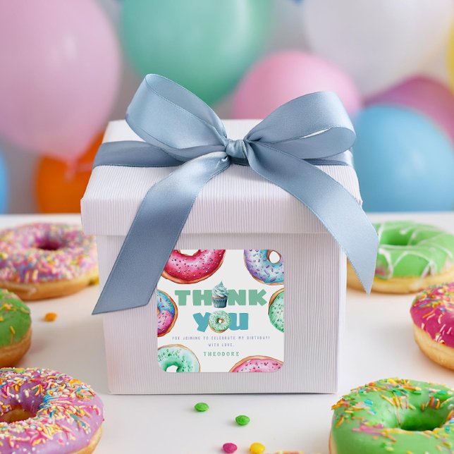 Doughnut 1st Birthday Party Boy Cute Thank You Fav Square Sticker (Creator Uploaded)