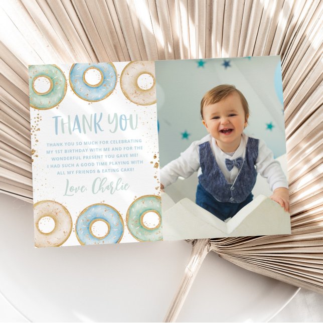Doughnut 1st Birthday Party Thank You Card with Ph (Creator Uploaded)