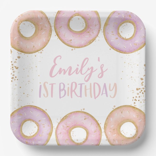 Doughnut 1st Birthday Personalized Party Paper Pla Paper Plate (Front)