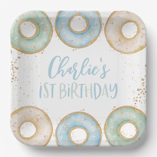 Doughnut 1st Birthday Personalized Party Paper Pla Plate (Front)