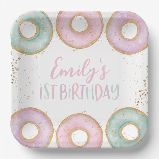 Doughnut 1st Birthday Personalized Party Paper Pla Plate (Front)