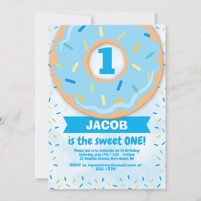 Doughnut 1st First Birthday Invitation Boy sprinkl (Front)