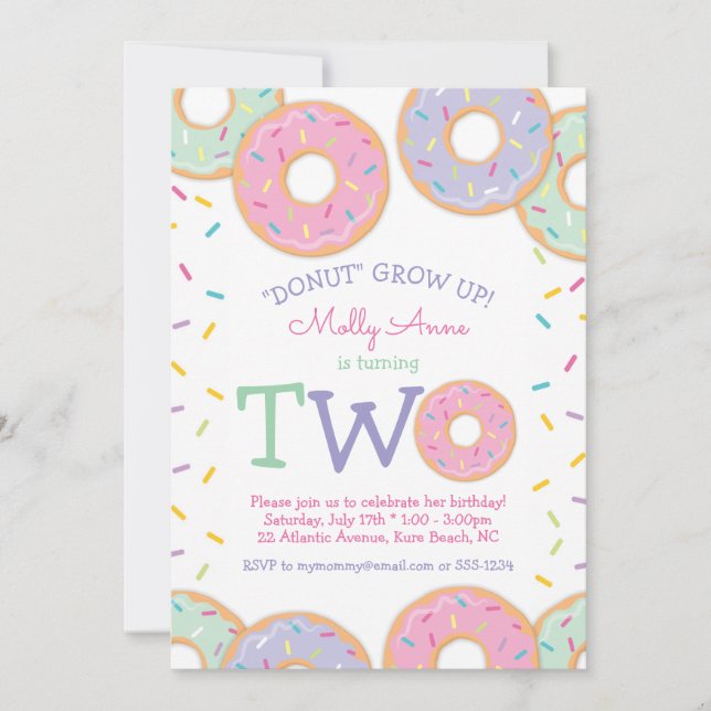 Doughnut 2nd Birthday Invitation pink sprinkles (Front)
