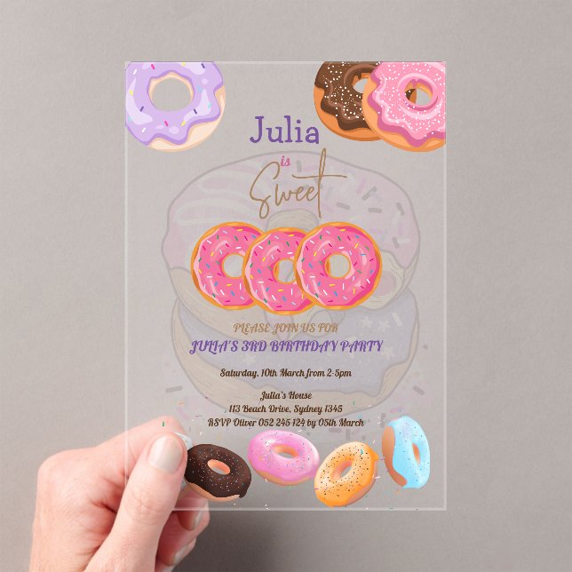 Doughnut 3rd birthday pink  acrylic invitations (Insitu (Handheld))
