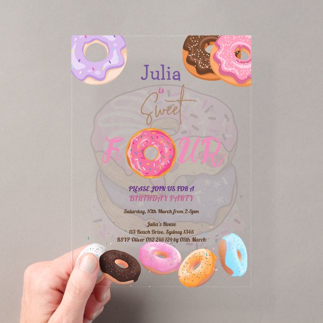 Doughnut 4th birthday girl acrylic invitations (Insitu (Handheld))