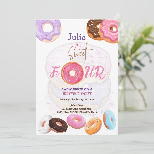 Doughnut 4th birthday girl  invitation (Standing Front)