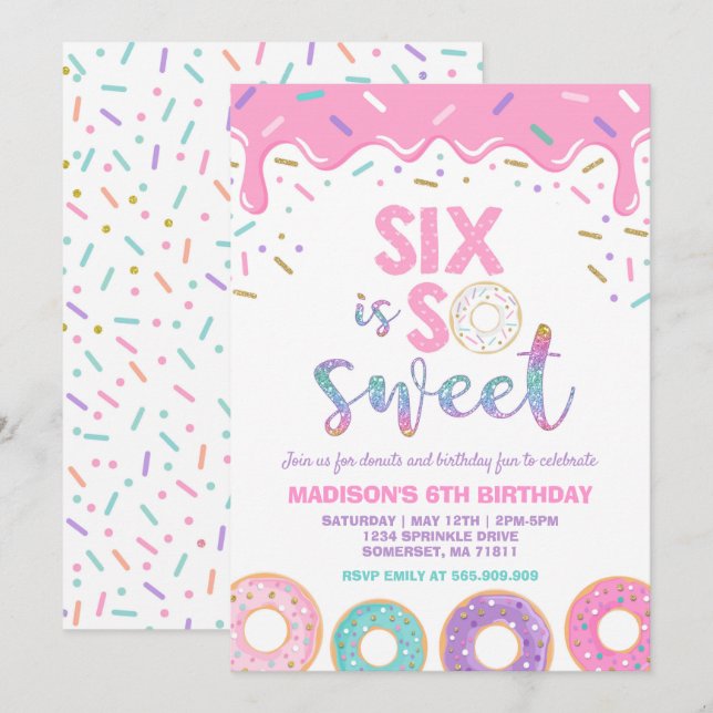 Doughnut 6th Birthday Invite Doughnut Six Is Sweet (Front/Back)
