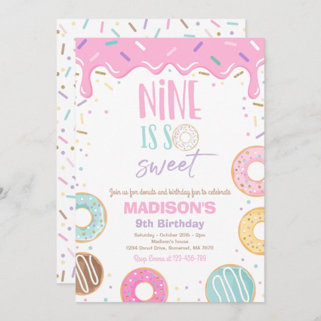 Doughnut 9th Birthday Party Nine Is So Sweet Invitation (Front/Back)
