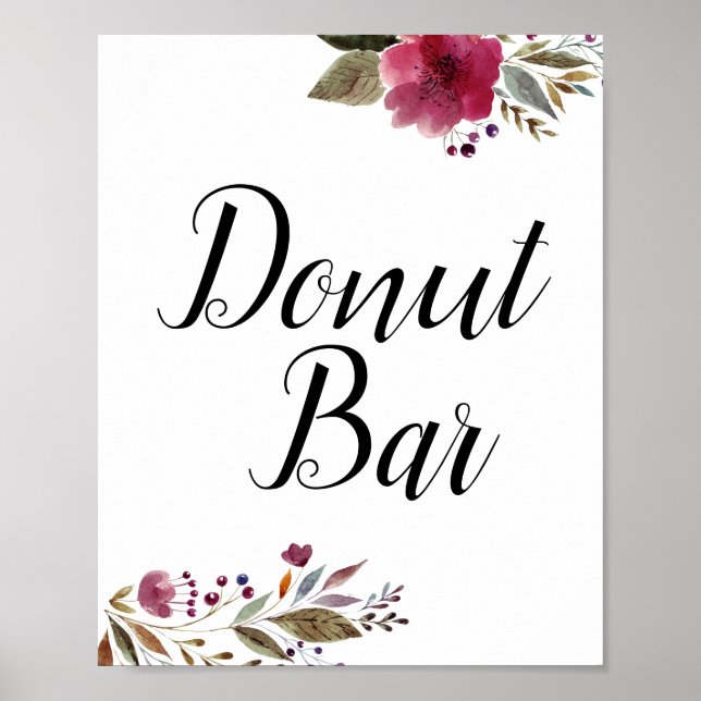 Doughnut Bar Burgundy Flowers Wedding Sign (Front)