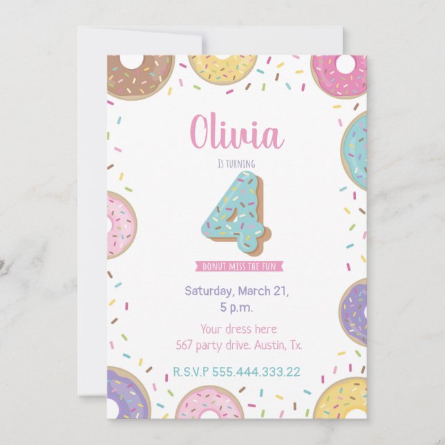 Doughnut Birthday invitation, 4th birthday invitat Invitation (Front)