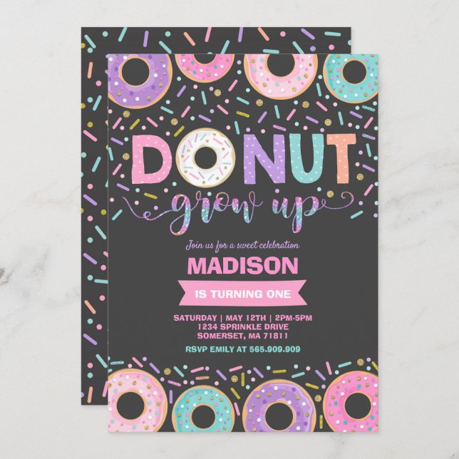 Doughnut Birthday Invitation Doughnut Grow Up Part (Front/Back)