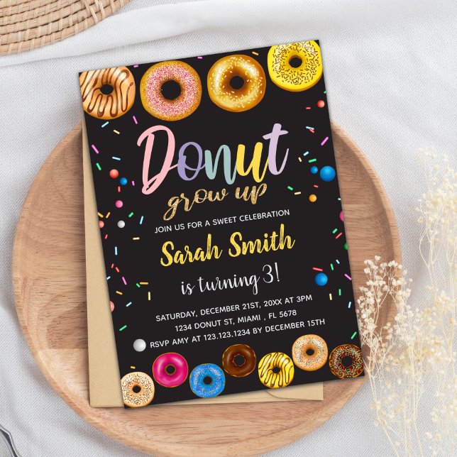 Doughnut Birthday Invitation, Doughnut invitation (Black Colors Donut Birthday Invitations)