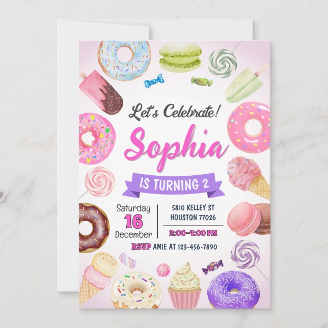 Doughnut Birthday Invitation, Sweets Candy, Doughn Invitation (Front)