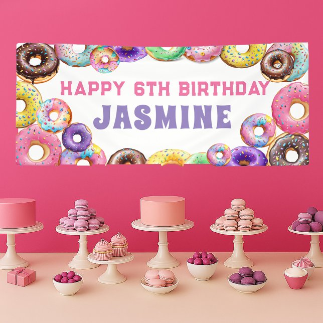 Doughnut Birthday Party Happy 6th Birthday Banner (Colorful donut birthday banner)