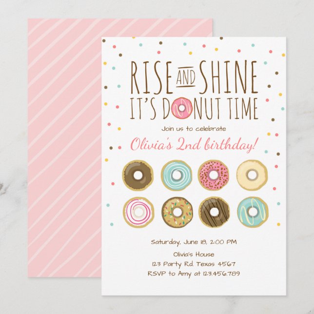 Doughnut Birthday Party Invitation Rise and Shine (Front/Back)